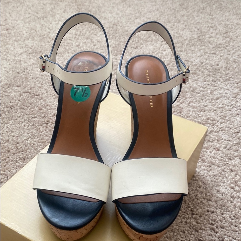 Tommy Hilfiger Cream and Navy Cork Wedge Sandals